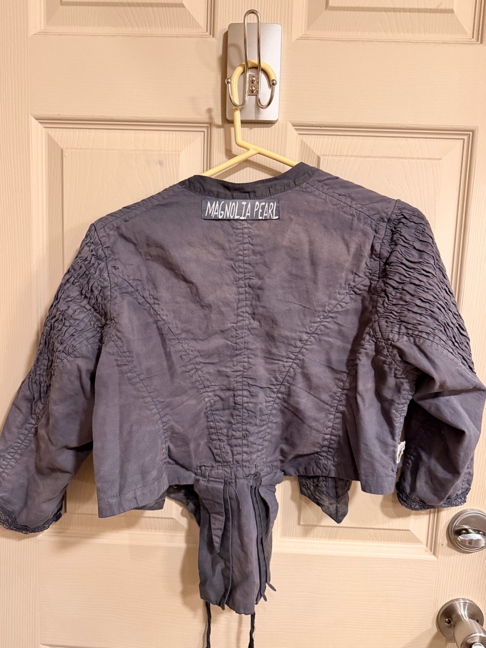 Magnolia Pearl Textured Tie-Front Cropped Inna Jacket tails charcoal silk cotton - Picture 7 of 10